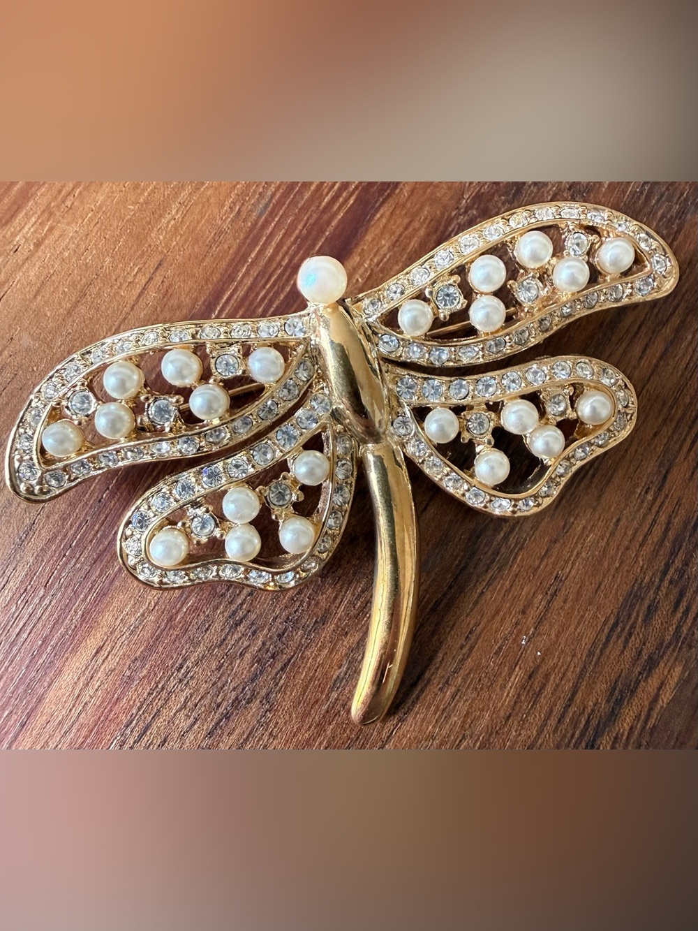 Roman Gold Tone Clear Rhinestone Dragonfly Brooch Faux Pearls Insect